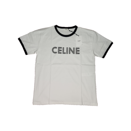 CELINE Loose White T-shirt in Cotton Jersey Black Print